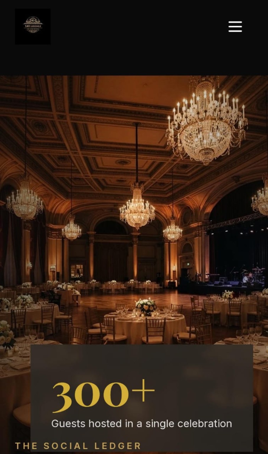 Elegant chandelier event hall with banquet tables and chairs